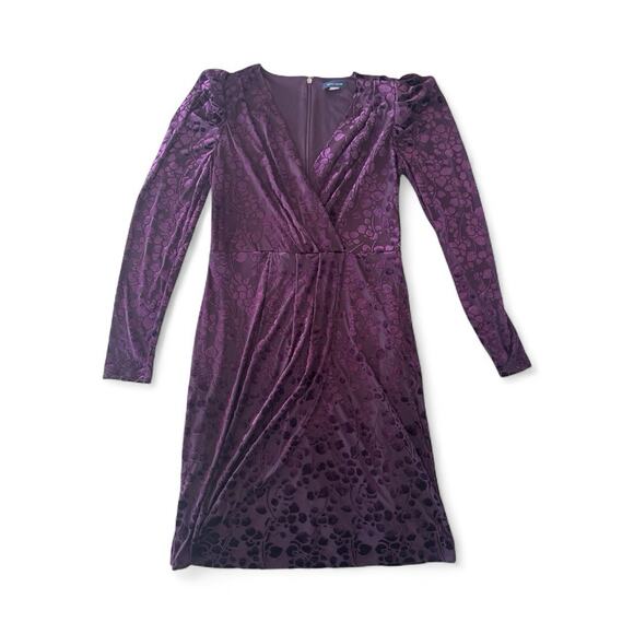 Tommy Hilfiger Puff Sleeve Burnout Dress 2 Velvet Floral Faux Wrap V Neck - Picture 2 of 13